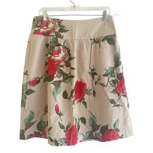 NISSA‎ Floral Linen Cotton Blend Midi Skirt Size 12 Tan Red Coastal Maximalist